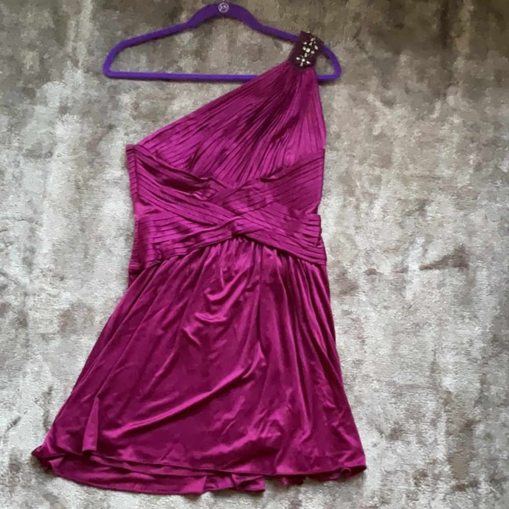 BCBG one-shoulder dress, plum